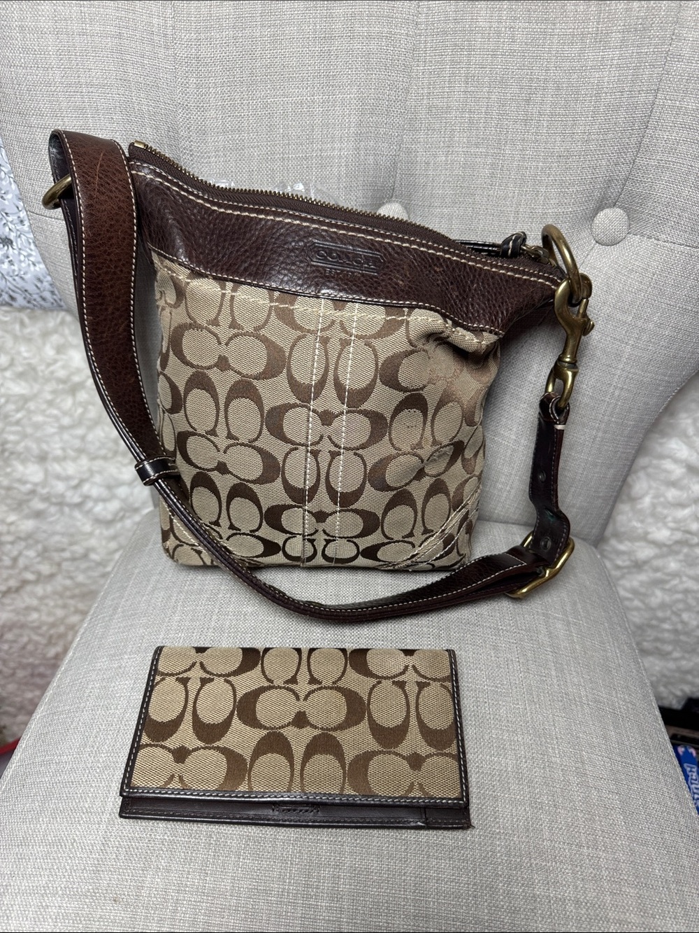 Coach Brown/Tan Signature Canvas Shoulder Bag with Card Case